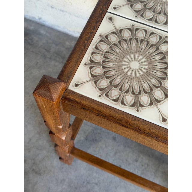 1960s Oak Small Table Patterned Ceramic Tile Top Danish Vintage Accent Side End Table 1970s For Sale - Image 5 of 10