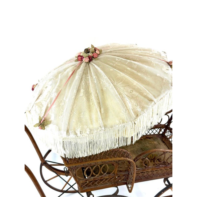 Museum-Quality 19th Century Victorian Wicker Baby Carriage With Original Lace Parasol - Heywood-Wakefield Style For Sale - Image 10 of 12