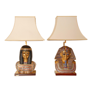 Italian Table Lamps Capodimonte Porcelain King Tut and Cleopatra Gold - A Pair