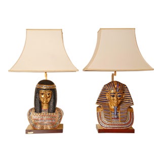 Italian Table Lamps Capodimonte Porcelain King Tut and Cleopatra Gold Lamps - A Pair For Sale
