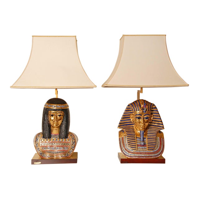 Italian Table Lamps Capodimonte Porcelain King Tut and Cleopatra Gold Lamps - A Pair For Sale