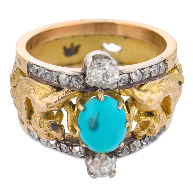 Art Nouveau 1910s Art Nouveau Turquoise Diamond 18k Yellow Gold Dragon Band, Size 7.5 For Sale - Image 3 of 6
