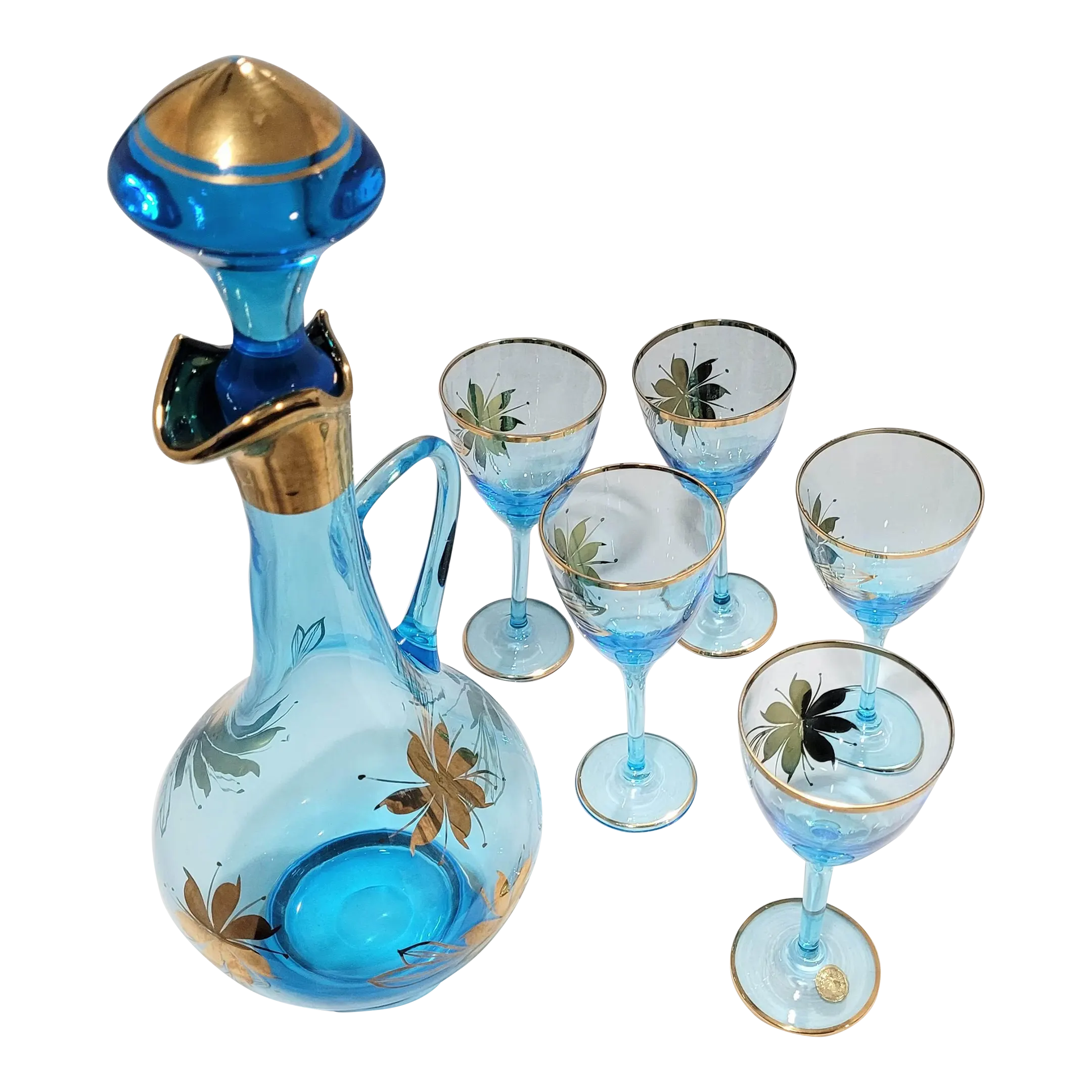 Mid-Century Modern Romanian Vintage Bohemian Blue & 22 Carat Gold Glass  Decanter & 6 Piece Set