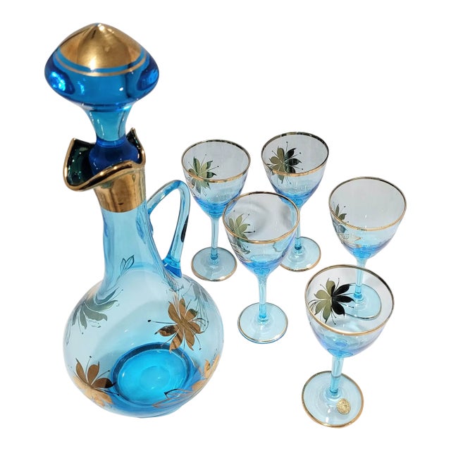 Mid-Century Modern Romanian Vintage Bohemian Blue & 22 Carat Gold Glass Decanter & 6 Piece Set For Sale
