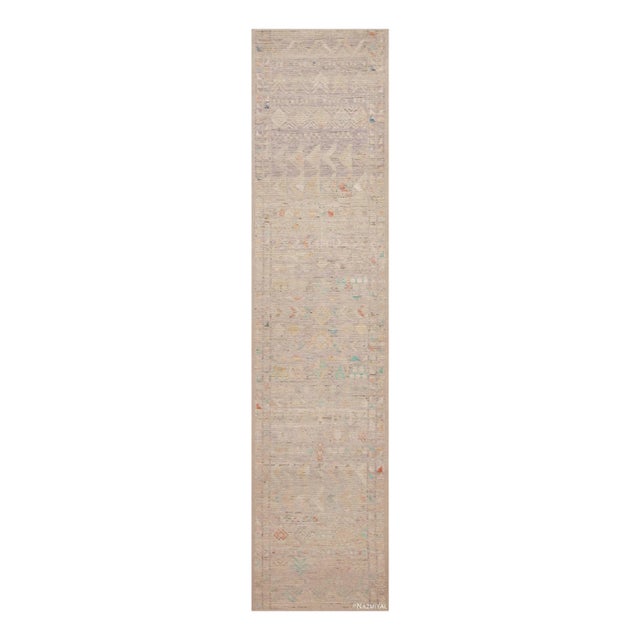 Tribal Geometric Light Pastel Color Abrash Modern Hallway Runner Rug For Sale