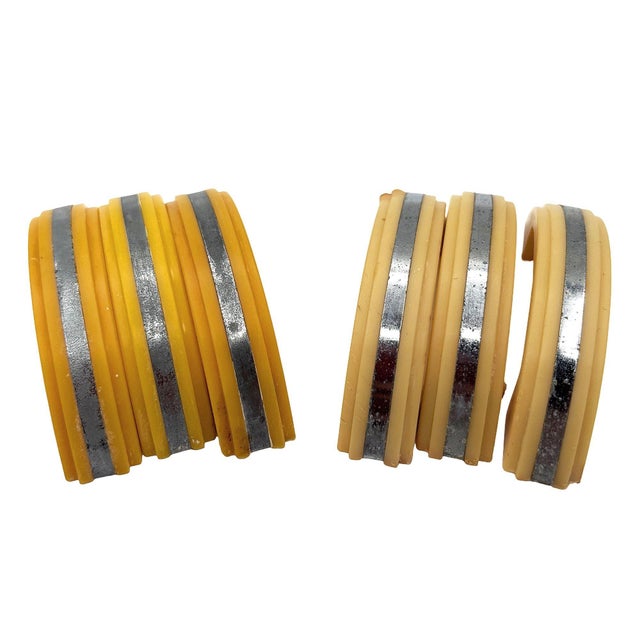 Set of 6 bright yellow drawer/door pull knobs, each with a chrome strip down the center. Complete your period kitchen...