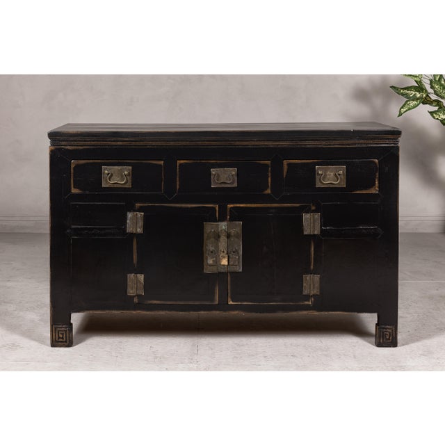 Black Lacquer Sideboard with Rubbed Edges, Brass Hardware, Doors and Drawers For Sale In New York - Image 6 of 12