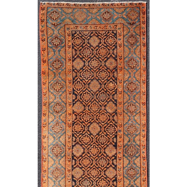 Textile Antique Persian Khorasan Runner With All-Over Design in Blues, and Orange For Sale - Image 7 of 12