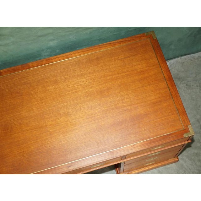 Wood Vintage Teak & Brass Military Campaign Pedestal Desk from Harrods Kennedy For Sale - Image 7 of 16