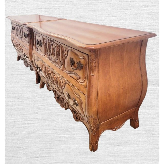 Brown Vintage Century Oversized Solid Wood 2 Drawer French Provincial Rococo Carved Bombe Chests Commode- A Pair For Sale - Image 8 of 18