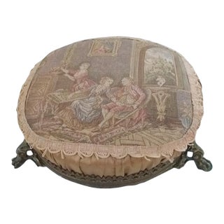 Vintage Tapestry Covered Metal Base Footrest For Sale