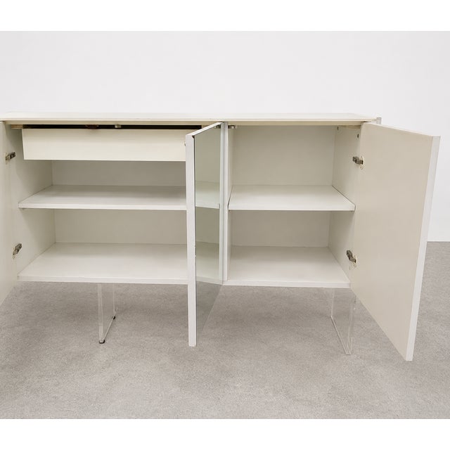 Glass Vintage Mirrored White Laminate & Lucite Credenza For Sale - Image 7 of 14