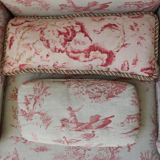 Queen Anne Style Wingback Armchair in Red Toile De Jouy For Sale - Image 10 of 14