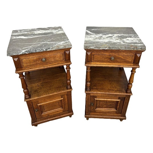 French Bedside Tables with Marble Top in Oak, Set of 2 For Sale