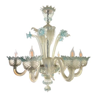 Mid Century Italian Murano Glass Six Light Opaline and Blue Chandelier For Sale