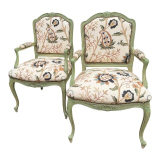 Pair of Custom Botanical Floral Crewel Work Painted Fauteuil Accent Chairs in Sage Green, Ochre and Teal For Sale