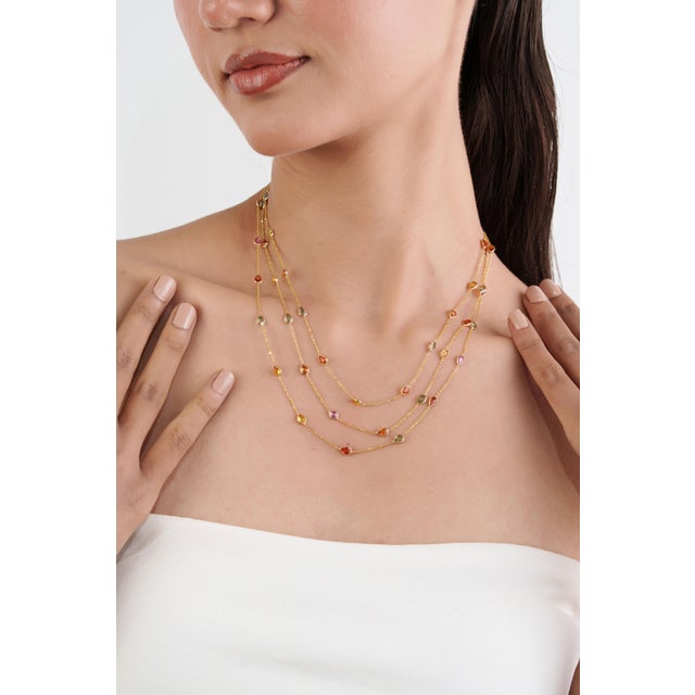 Not Yet Made - Made To Order 18k Yellow Gold Multi-Strand Necklace With 13.32ct Pear Cut Multicolor Sapphires For Sale - Image 5 of 18