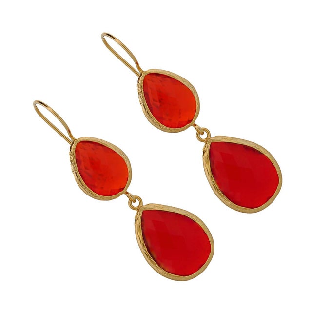 Early 21st Century Sterling Silver Gold Plated Double Red Stone New Year Earrings, A Pair For Sale - Image 5 of 7