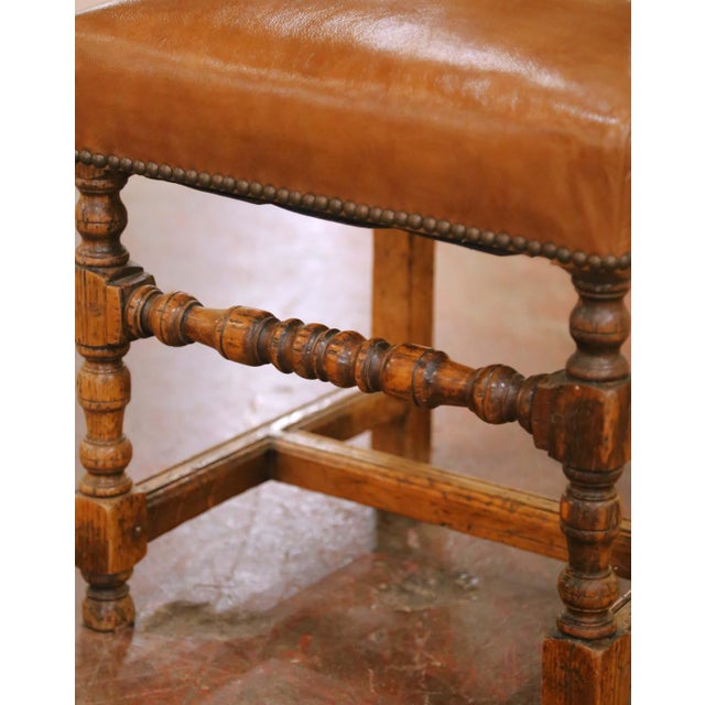 Late 20th Century Set of 6 French Louis XIII Oak Ladder Back Dining Chairs With Leather Seats For Sale - Image 5 of 11