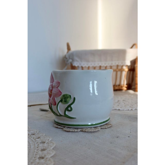 White Small Vintage Earthenware Planter with Pink Flower Pattern For Sale - Image 8 of 9