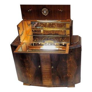 Vintage English Walnut Art Deco Light Up Cocktail Cabinet With Gold Patterned Mirrors For Sale