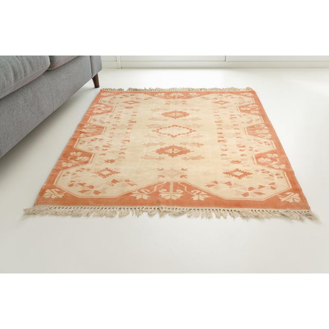1960s Vintage Hand-Knotted Turkish Oushak Rug in Terracotta, Peach, and Cream For Sale - Image 5 of 10