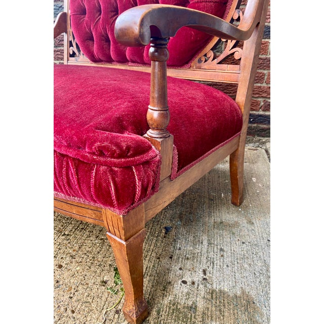 Vintage Victorian-Style Wine Red Velvet Loveseat For Sale - Image 15 of 17