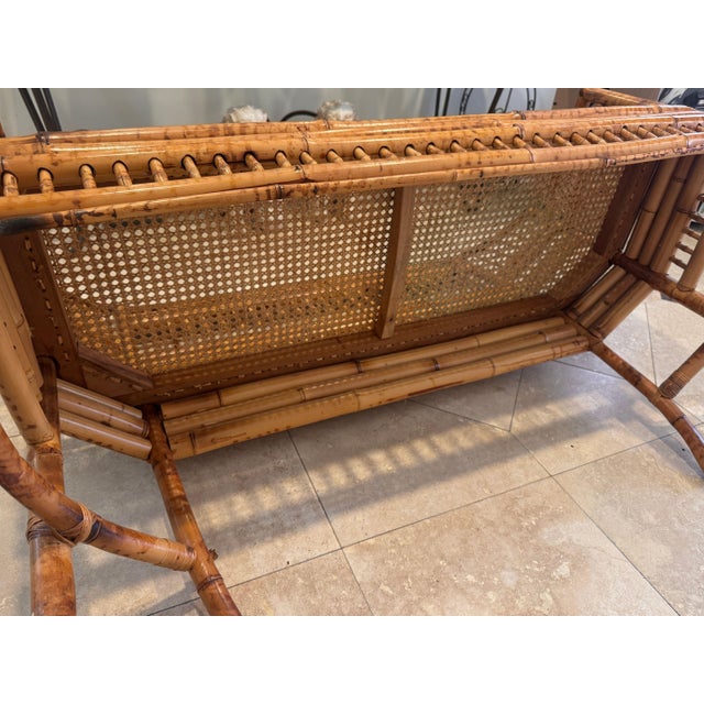 Vintage Brighton Pavilion Style Burnt Bamboo & Cane Settee Bench, C. 1970s For Sale - Image 9 of 11
