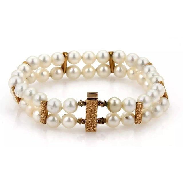 Contemporary Double Strand 14k Yellow Gold 6mm Pearl Bracelet For Sale - Image 3 of 4