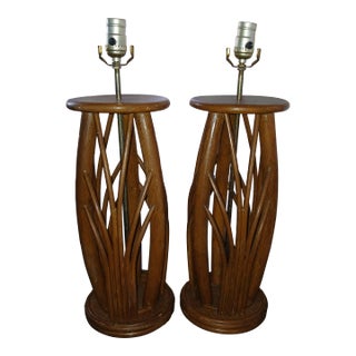 Pair of Mid-Century Bent and Woven Rattan Lamps For Sale