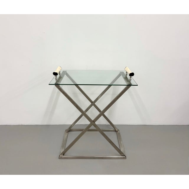 Vintage Stainless Steel & Glass Serving Table With Horn Handles For Sale - Image 4 of 7