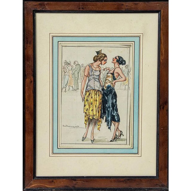 Luigi Bompard, Confidences, Original Watercolor and Ink, 1920s, Framed For Sale