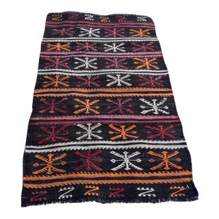 1960s Traditional Black Primitive Handmade Wool Turkish Kilim Rug For Sale