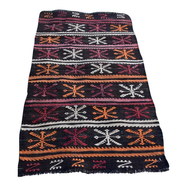 1960s Traditional Black Primitive Handmade Wool Turkish Kilim Rug For Sale