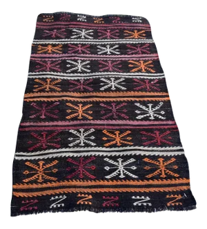 1960s Traditional Black Primitive Handmade Wool Turkish Kilim Rug
