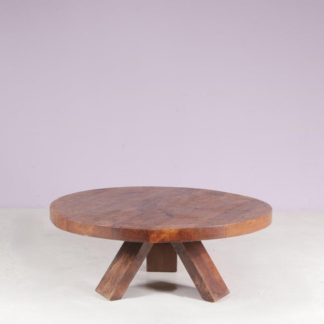 Brutalist Round Oak Wood Coffee Table, Netherlands, 1970s For Sale - Image 3 of 6