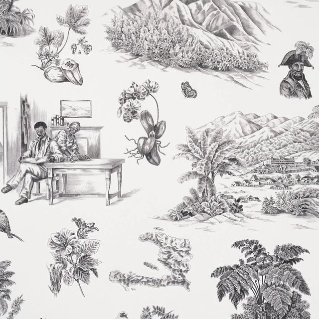 Schumacher x Victor Glemaud Toussaint Toile Wallpaper in Black on Ivory - Sample For Sale