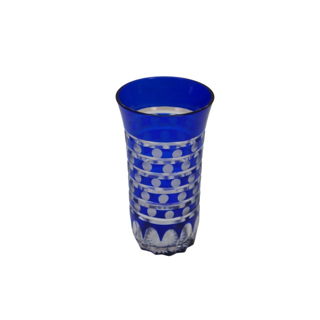 Five vintage Czech Bohemian cobalt blue cut to clear crystal shot glass tumblers featuring polka dot pattern. Dimensions:...