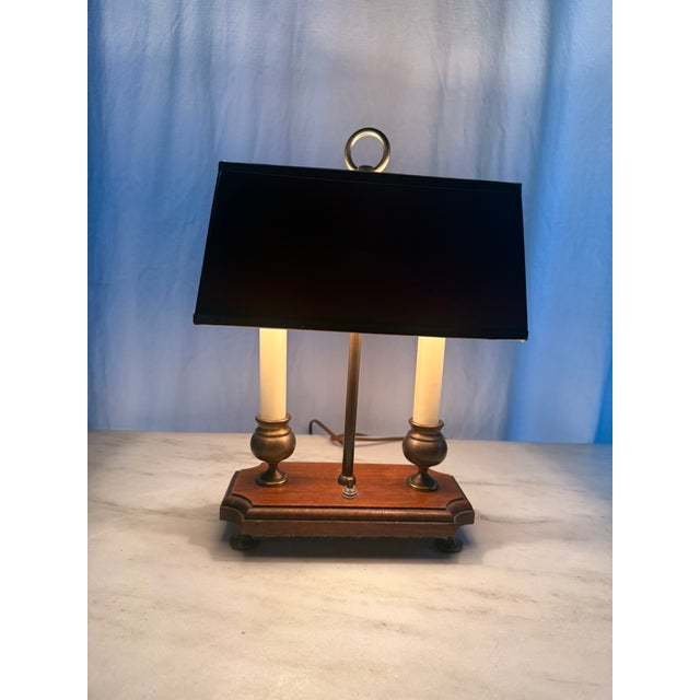 Vintage 2-Light French Bouillotte Style Table Lamp With Red Shade, Antique Brass & Wood Desk Lamp For Sale - Image 15 of 17