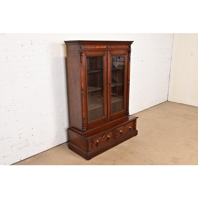 Herter Brothers Herter Brothers Style Antique Eastlake Victorian Carved Walnut and Burl Wood Bookcase, Circa 1880s For Sale - Image 4 of 14