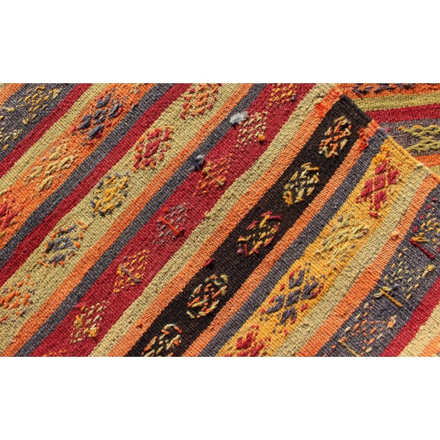 Textile Vintage Hand Woven Turkish Kilim Colorful Stripe Runner With Tribal Motifs For Sale - Image 7 of 7