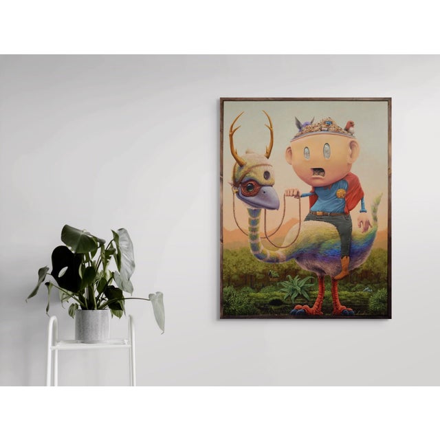 Early 21st Century Masks We Wear,Everybody Wants A Piece by 3rd Ver (Ben Patterson)|Acrylic & Oils on Canvas depicting a character with a headpiece riding a large bird. For Sale - Image 5 of 10
