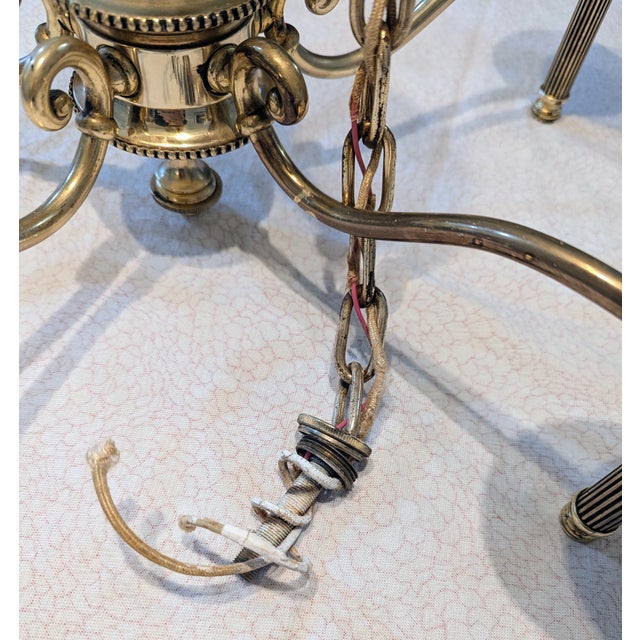 Vintage Brass Bouillotte Chandelier 5-Light Etched Glass Globes For Sale - Image 12 of 15