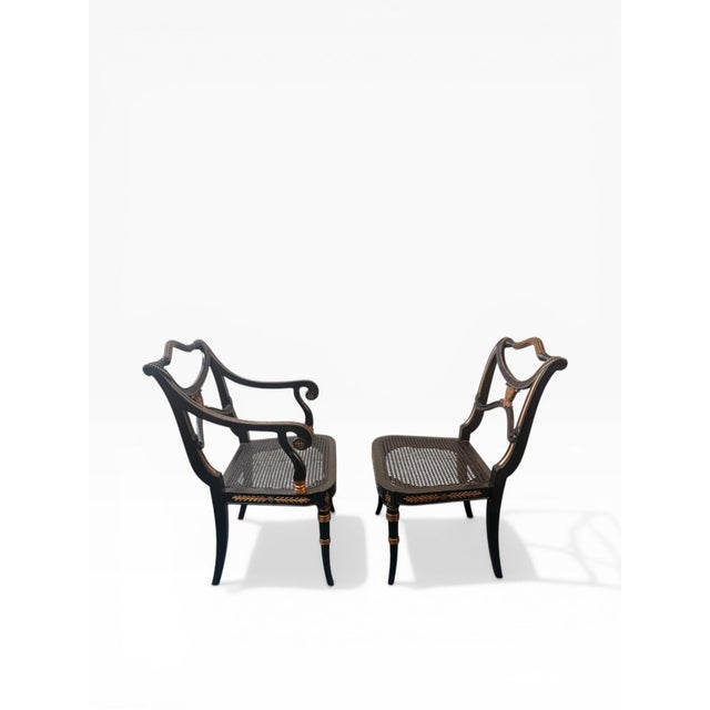 Hollywood Regency Late 20th Century Neoclassical Regency Style Ebonized & Gilt Cane Seat Dining Chairs, Set of 4 (1 Arm, 3 Side) For Sale - Image 3 of 12