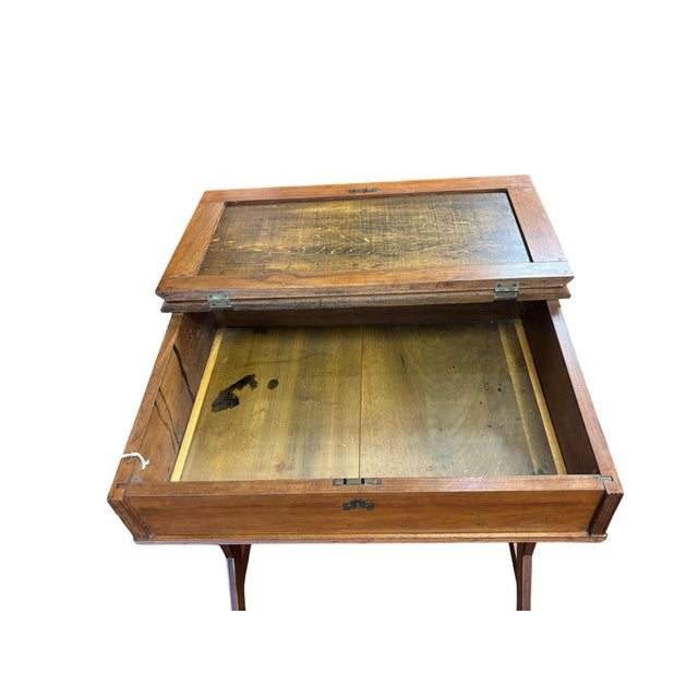 Wood Antique Arts & Crafts Mission Oak Writing Desk & Upholstered Chair Set, Early 20th Century For Sale - Image 7 of 12