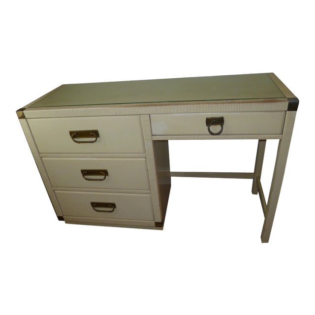 Vitg Wicker Touched Up Drexel Campaign Lacquered Natural Rattan Desk Wood Dresser Glass Top Tommy Bahama Style Table Made For Sale