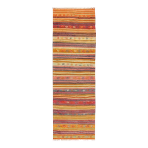 Mid 20th Century Mid 20th Century Vintage Turkish Kilim Runner With Geometric Tribal Designs and Colorful Stripes