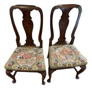 Pair of Late 20th Century Queen Anne Side Chairs With Needlepoint Seats