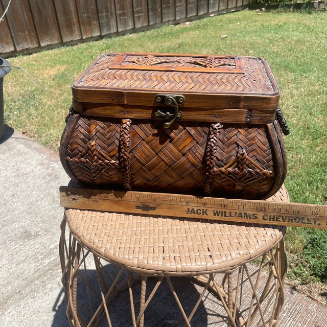 Wood Wicker Handled Keepsake Chest For Sale - Image 7 of 7