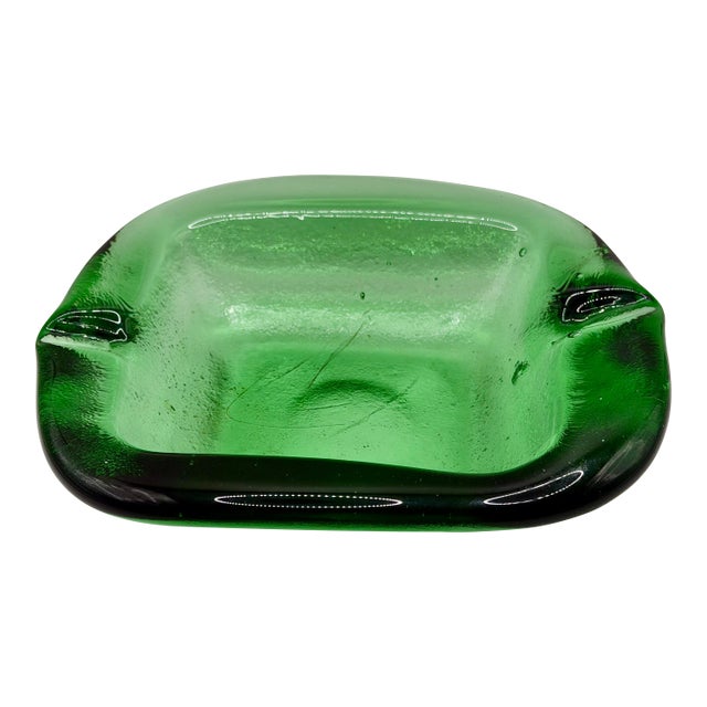 Vintage Emerald Art Glass Ashtray, Handblown Catchall Bowl, Mid Century Decor For Sale